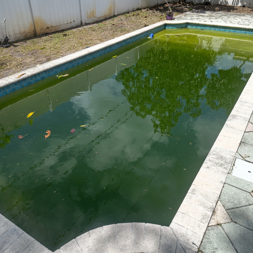 Backyard pool overtaken by green algae before Blue Palm Pool Care service